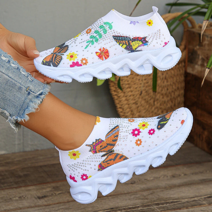 Butterfly Printed sock sneakers women fashion crystal slip on walking shoes woman comfortable non slip white sneakers plus size