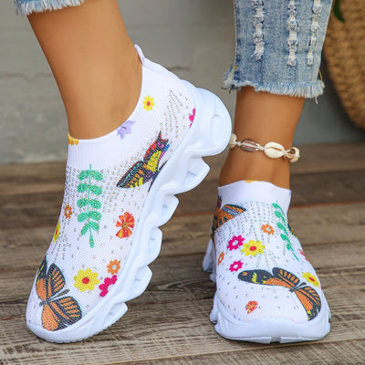 Butterfly Printed sock sneakers women fashion crystal slip on walking shoes woman comfortable non slip white sneakers plus size