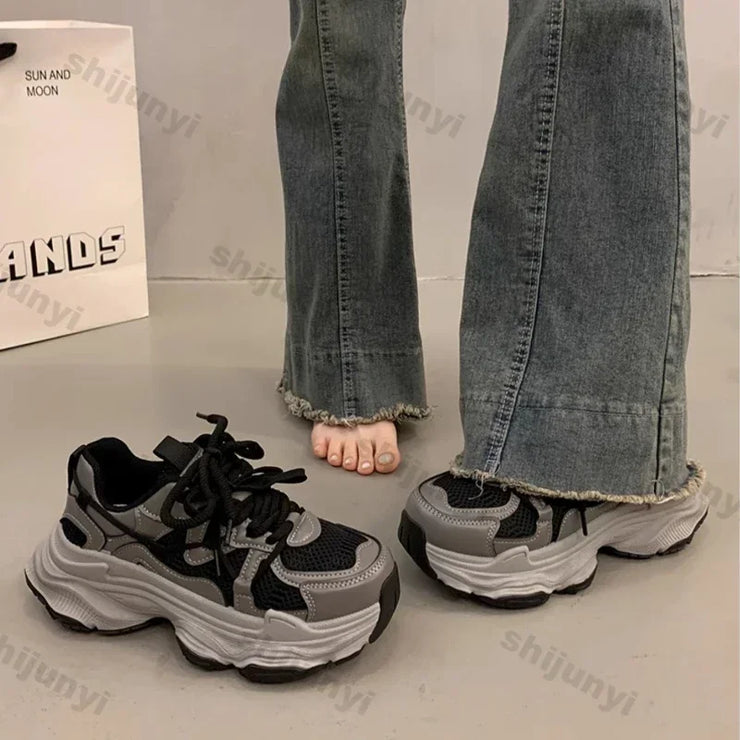 Chunky Platform Sneakers for Women Spring Fashion Thick Sole Vulcanized Shoes Woman Non Slip Mesh Breathable Casual Sports Shoes