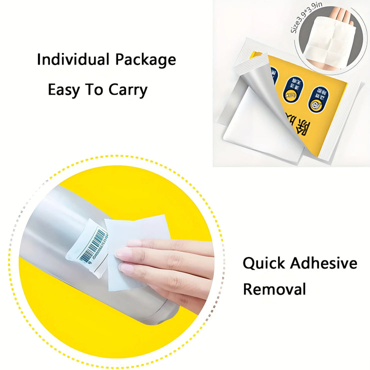 Disposable adhesive removal wipes - portable residue free cleaner suitable for kitchen, bathroom, living room, and car surfaces