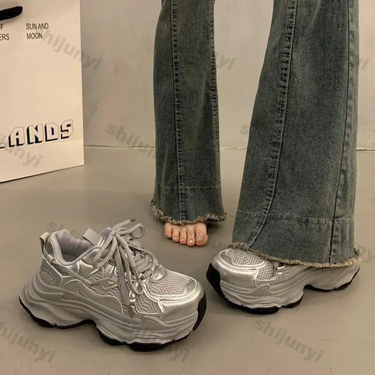 Chunky Platform Sneakers for Women Spring Fashion Thick Sole Vulcanized Shoes Woman Non Slip Mesh Breathable Casual Sports Shoes