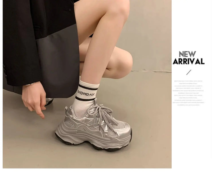 Chunky Platform Sneakers for Women Spring Fashion Thick Sole Vulcanized Shoes Woman Non Slip Mesh Breathable Casual Sports Shoes