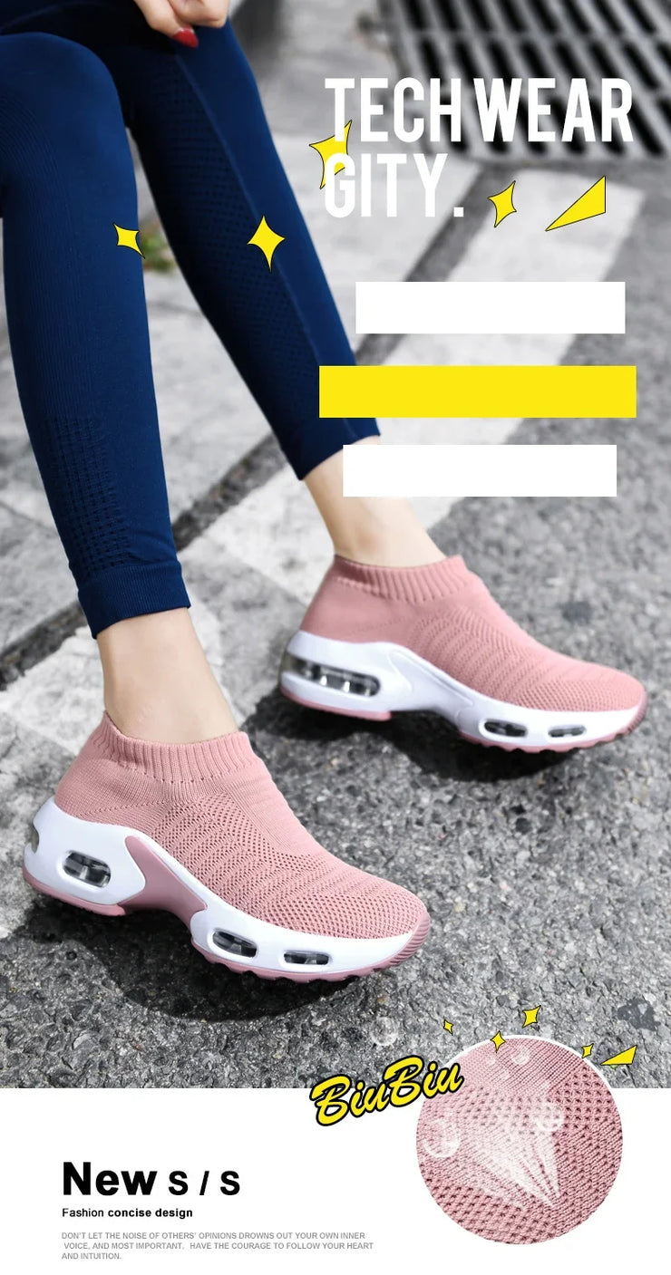 Women Sneakers 2020 Spring Flat Shoes Slip on Platform Sneakers for Women Black Breathable Mesh Sock Sneakers Shoes