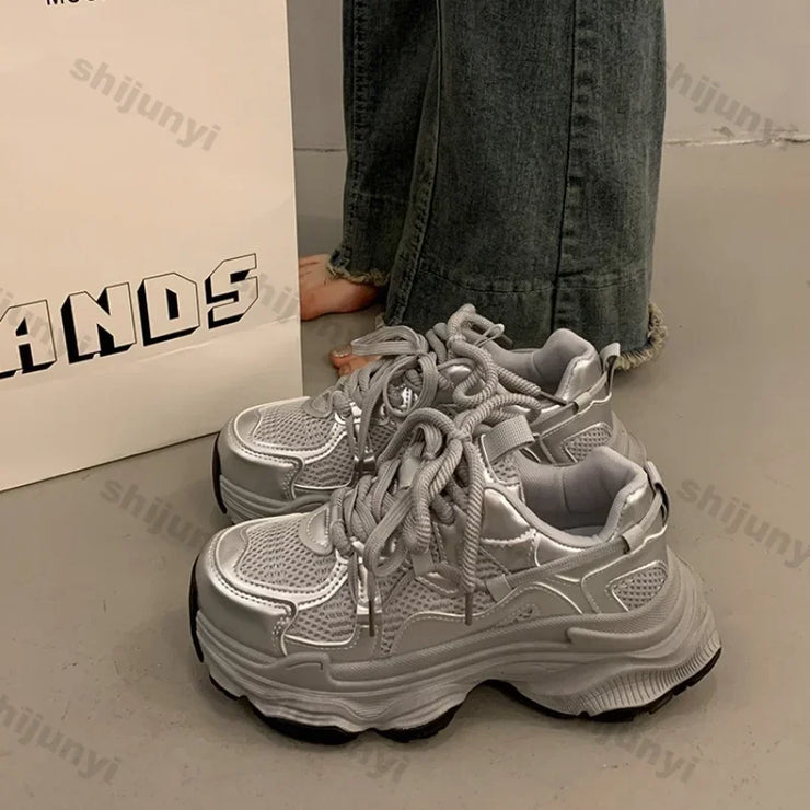 Chunky Platform Sneakers for Women Spring Fashion Thick Sole Vulcanized Shoes Woman Non Slip Mesh Breathable Casual Sports Shoes
