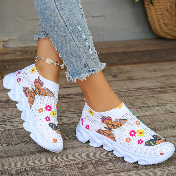Butterfly Printed sock sneakers women fashion crystal slip on walking shoes woman comfortable non slip white sneakers plus size