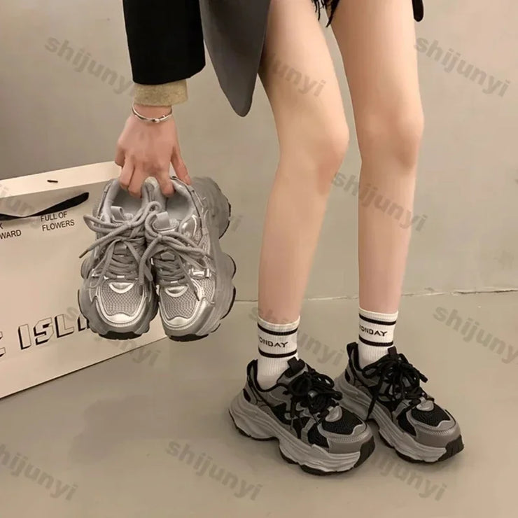 Chunky Platform Sneakers for Women Spring Fashion Thick Sole Vulcanized Shoes Woman Non Slip Mesh Breathable Casual Sports Shoes